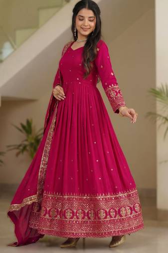 Rani pink embroidery vichitra silk Anarkali set