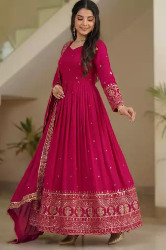 Rani pink embroidery vichitra silk Anarkali set