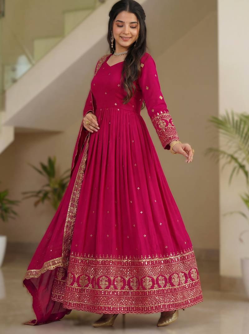 Rani pink embroidery vichitra silk Anarkali set