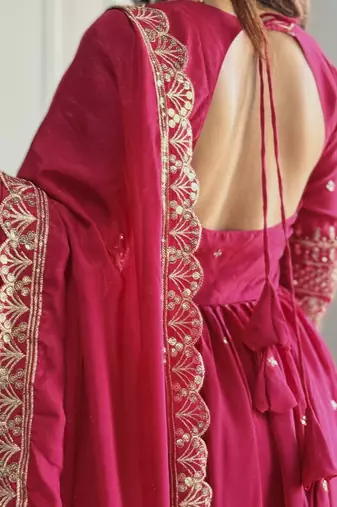 rani pink embroidery vichitra silk anarkali set