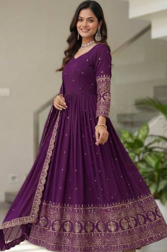 Purple embroidery vichitra silk Anarkali set