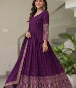 Purple embroidery vichitra silk Anarkali set