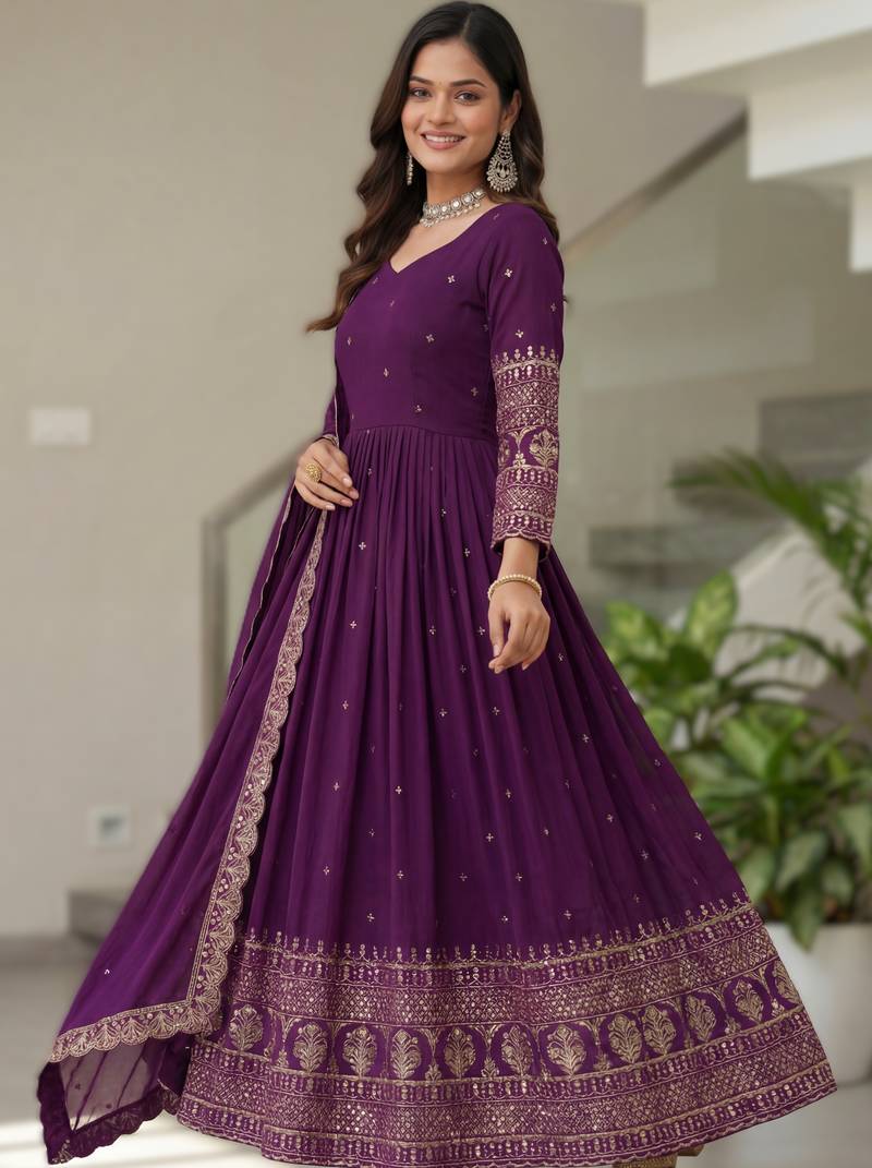 Purple embroidery vichitra silk Anarkali set