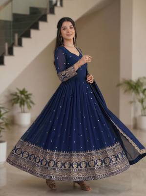 Navy blue embroidery vichitra silk Anarkali set 1