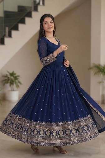 Navy blue embroidery vichitra silk Anarkali set