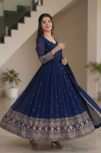Navy blue embroidery vichitra silk Anarkali set