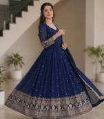 Navy blue embroidery vichitra silk Anarkali set