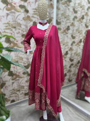 rani pink embroidery vichitra silk anarkali set 3