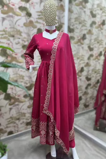 rani pink embroidery vichitra silk anarkali set
