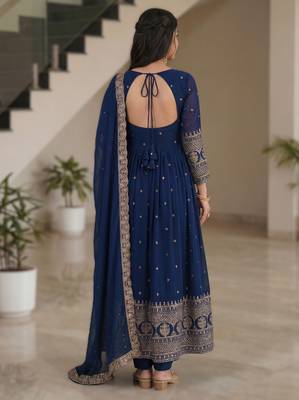 Navy blue embroidery vichitra silk Anarkali set 2