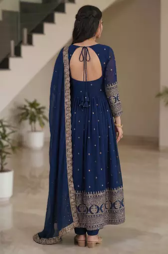 Navy blue embroidery vichitra silk Anarkali set