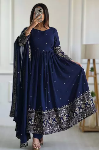 Navy blue embroidery vichitra silk Anarkali set