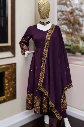 Purple embroidery vichitra silk Anarkali set