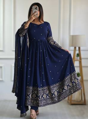 Navy blue embroidery vichitra silk Anarkali set 4