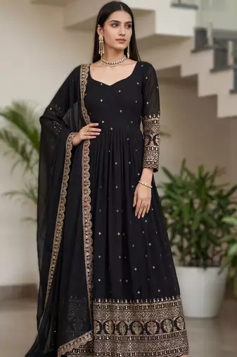 Black embroidery vichitra silk Anarkali set
