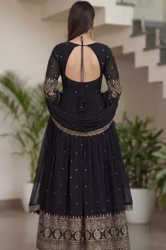 Black embroidery vichitra silk Anarkali set