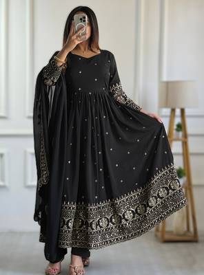 Black embroidery vichitra silk Anarkali set 3