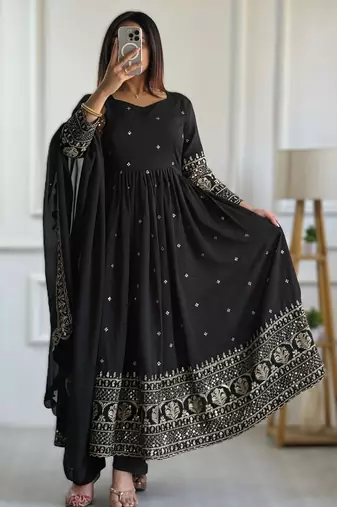 Black embroidery vichitra silk Anarkali set