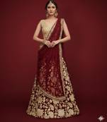 MAROON ZARI DORI & SEQUINS EMBROIDERED VELVET FESTIVE BRIDAL WEDDING & PARTY WEAR SEMI STITCHED LEHENGA CHOLI