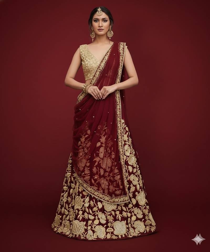 MAROON ZARI DORI & SEQUINS EMBROIDERED VELVET FESTIVE BRIDAL WEDDING & PARTY WEAR SEMI STITCHED LEHENGA CHOLI