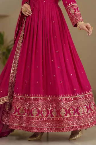 rani pink embroidery vichitra silk anarkali set