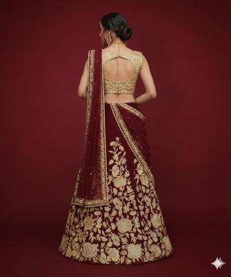 MAROON ZARI DORI & SEQUINS EMBROIDERED VELVET FESTIVE BRIDAL WEDDING & PARTY WEAR SEMI STITCHED LEHENGA CHOLI 4