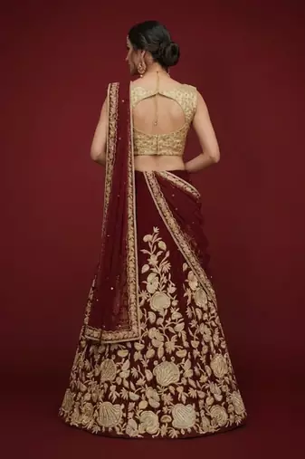 MAROON ZARI DORI & SEQUINS EMBROIDERED VELVET FESTIVE BRIDAL WEDDING & PARTY WEAR SEMI STITCHED LEHENGA CHOLI