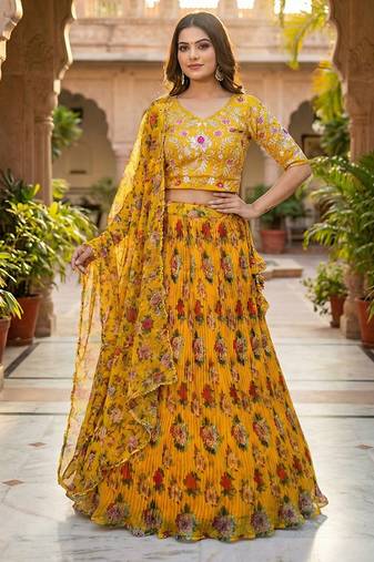 Yellow Floral Printed Organza Lehenga set choli dupatta
