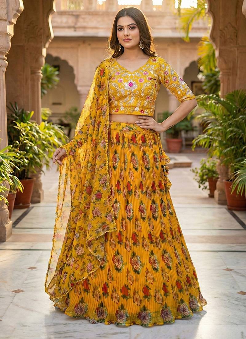 Yellow Floral Printed Organza Lehenga set choli dupatta