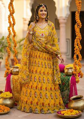 Yellow Floral Printed Organza Lehenga choli 2