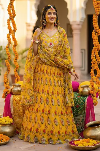 Yellow Floral Printed Organza Lehenga choli