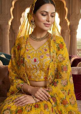 Yellow Floral Printed Organza Lehenga choli 3