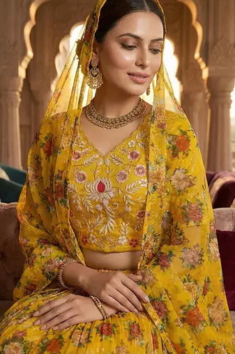 Yellow Floral Printed Organza Lehenga choli