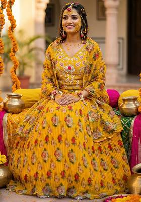 Yellow Floral Printed Organza Lehenga choli 4