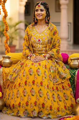 Yellow Floral Printed Organza Lehenga choli