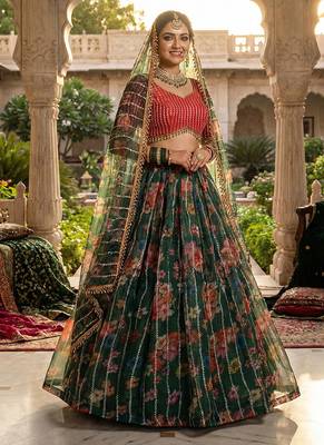 Dark Green Floral Printed Embroidered Organza Lehenga choli 1