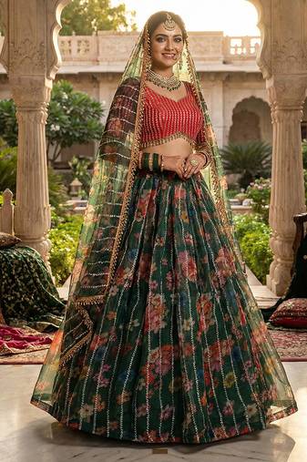 Dark Green Floral Printed Embroidered Organza Lehenga set choli dupatta