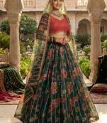 Dark Green Floral Printed Embroidered Organza Lehenga choli