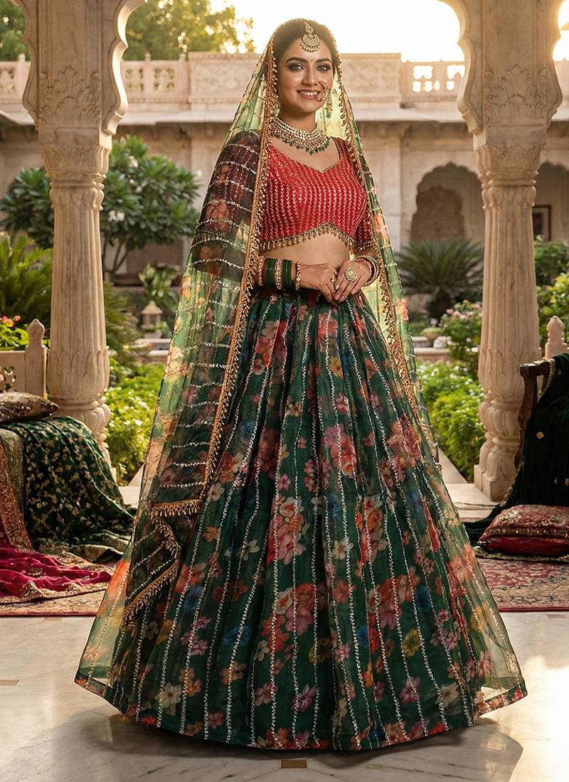 Dark Green Floral Printed Embroidered Organza Lehenga set choli dupatta