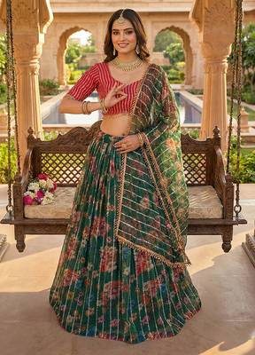 Dark Green Floral Printed Embroidered Organza Lehenga choli 2