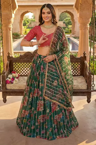 Dark Green Floral Printed Embroidered Organza Lehenga choli