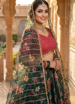 Dark Green Floral Printed Embroidered Organza Lehenga choli 3