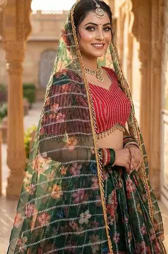 Dark Green Floral Printed Embroidered Organza Lehenga choli