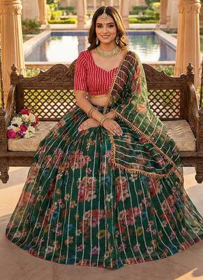 Dark Green Floral Printed Embroidered Organza Lehenga choli 4