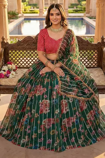 Dark Green Floral Printed Embroidered Organza Lehenga choli