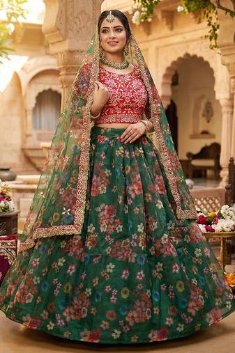 Dark Green Floral Printed Organza Lehenga set choli dupatta