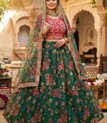 Dark Green Floral Printed Organza Lehenga choli