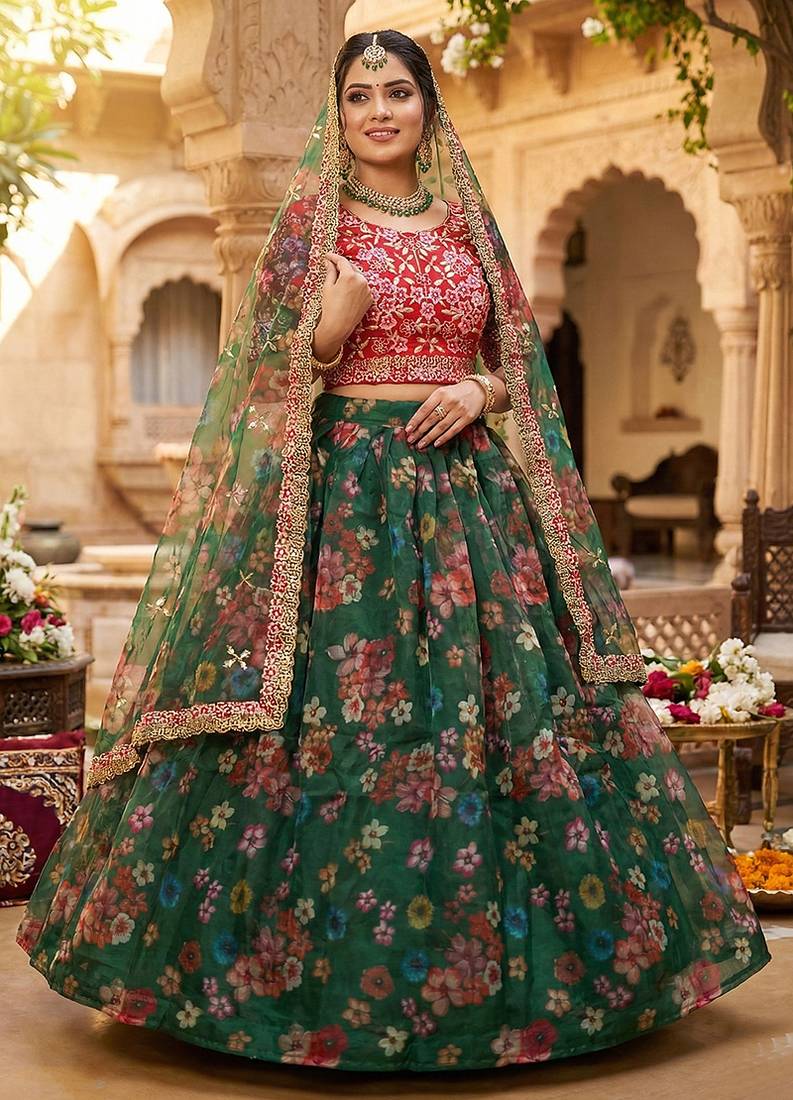 Dark Green Floral Printed Organza Lehenga set choli dupatta