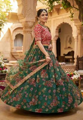 Dark Green Floral Printed Organza Lehenga choli 2