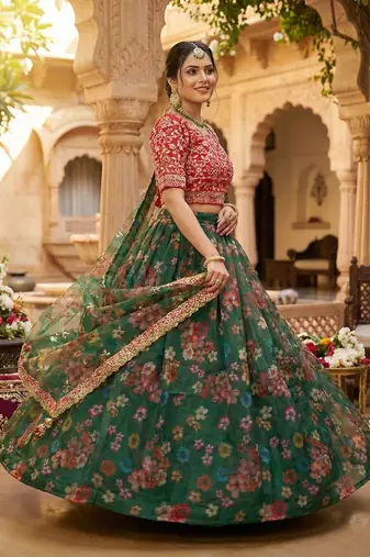 Dark Green Floral Printed Organza Lehenga choli
